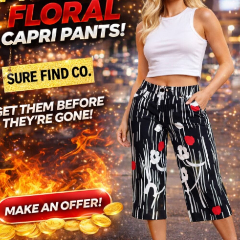 Tribal Black, White and Red Floral Print Capri Pants Women's Size 4